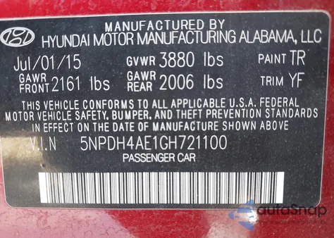 2016 Hyundai Elantra Se from USA, damaged, VIN 5NPDH4AE1GH721100